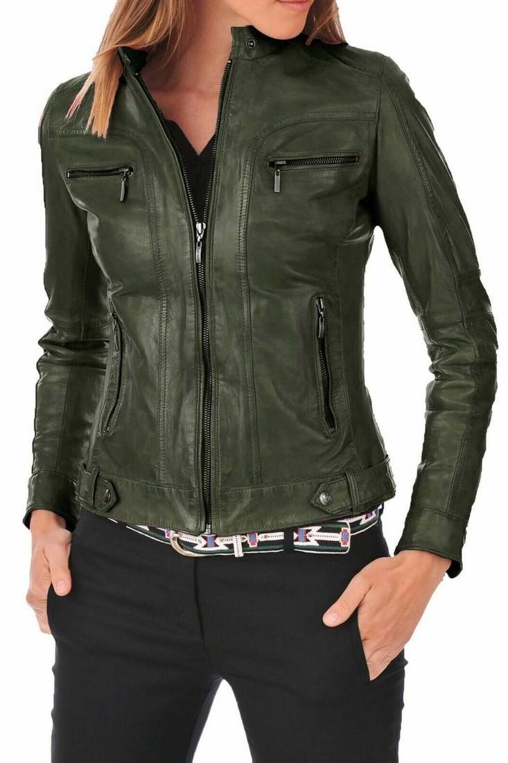 Women's dark olive lambskin leather moto biker jacket zip up