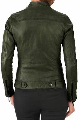 Women's dark olive lambskin leather moto biker jacket zip up 2