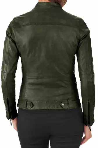 Women's dark olive lambskin leather moto biker jacket zip up