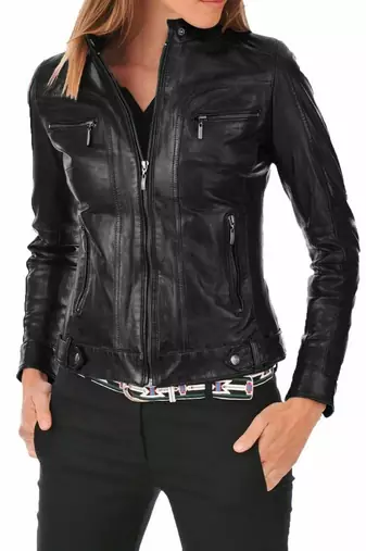 Women's black genuine leather cafe racer jacket