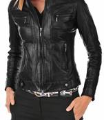 Women's black genuine leather cafe racer jacket