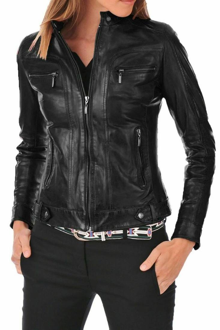 Women's black genuine leather cafe racer jacket