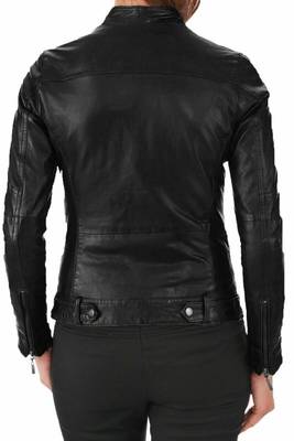 Women's black genuine leather cafe racer jacket 2