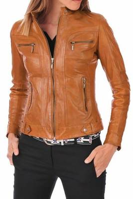 Women's tan brown leather moto jacket stand collar 1