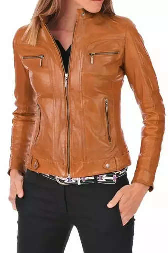 Women's tan brown leather moto jacket stand collar