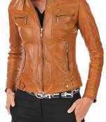 Women's tan brown leather moto jacket stand collar