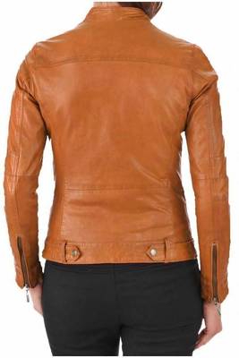 Women's tan brown leather moto jacket stand collar 2