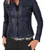 Women's navy blue lambskin leather biker jacket slim fit