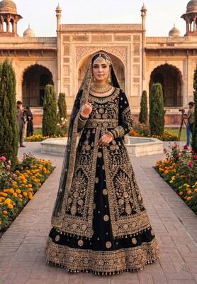 DESIGNER BRIDAL WEDDING WEAR BLACK VELVET SALWAR SUIT LEHENGA COLLECTION FULL STITCHED SIZE 1