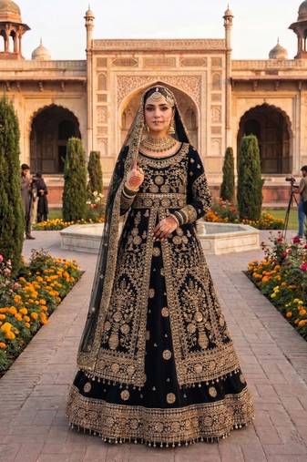 DESIGNER BRIDAL WEDDING WEAR BLACK VELVET SALWAR SUIT LEHENGA COLLECTION FULL STITCHED SIZE
