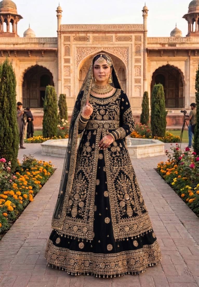 DESIGNER BRIDAL WEDDING WEAR BLACK VELVET SALWAR SUIT LEHENGA COLLECTION FULL STITCHED SIZE