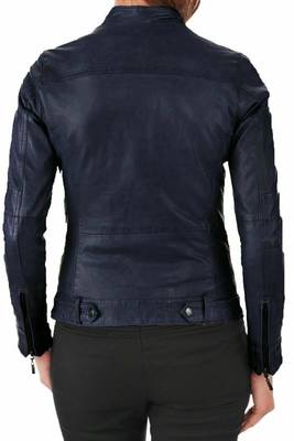 Women's navy blue lambskin leather biker jacket slim fit 2