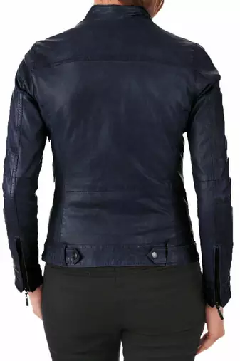 Women's navy blue lambskin leather biker jacket slim fit