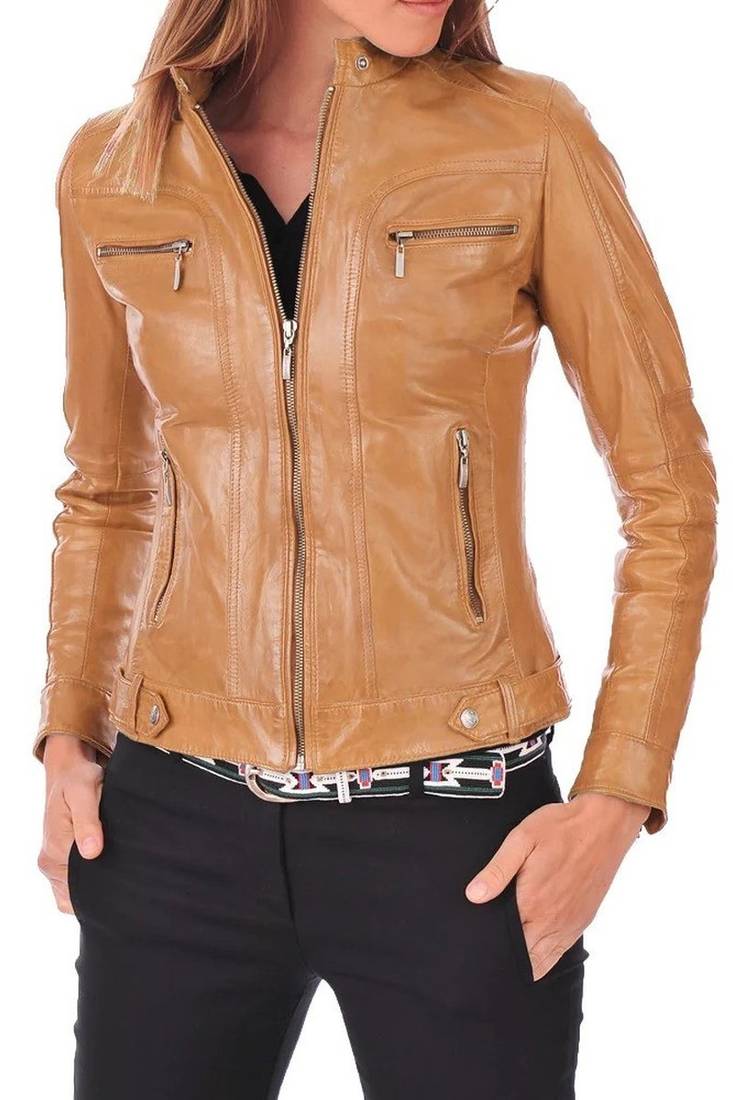 Women's camel tan leather genuine cafe racer biker jacket