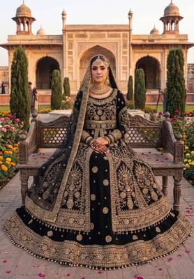 DESIGNER BRIDAL WEDDING WEAR BLACK VELVET SALWAR SUIT LEHENGA COLLECTION FULL STITCHED SIZE 2