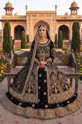 DESIGNER BRIDAL WEDDING WEAR BLACK VELVET SALWAR SUIT LEHENGA COLLECTION FULL STITCHED SIZE