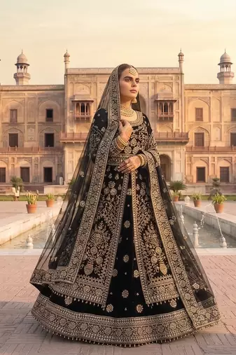 DESIGNER BRIDAL WEDDING WEAR BLACK VELVET SALWAR SUIT LEHENGA COLLECTION FULL STITCHED SIZE