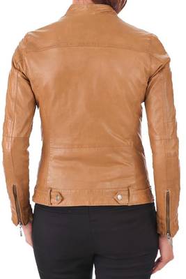 Women's camel tan leather genuine cafe racer biker jacket 2