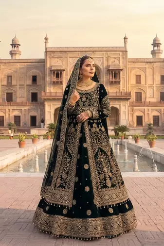 DESIGNER BRIDAL WEDDING WEAR BLACK VELVET SALWAR SUIT LEHENGA COLLECTION FULL STITCHED SIZE
