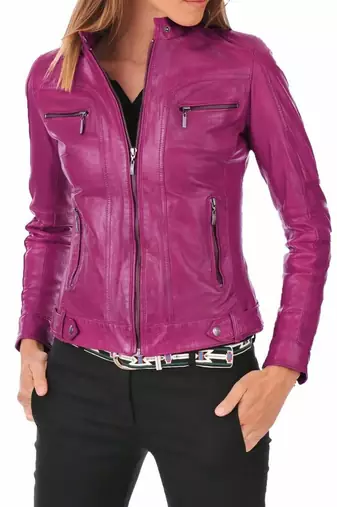Women's genuine magenta pink leather moto biker jacket zip front