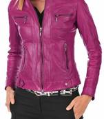 Women's genuine magenta pink leather moto biker jacket zip front