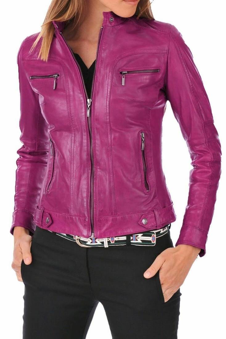 Women's genuine magenta pink leather moto biker jacket zip front