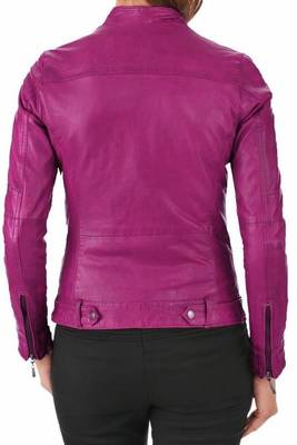 Women's genuine magenta pink leather moto biker jacket zip front 2