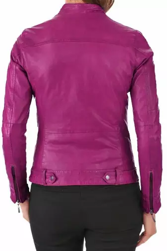 Women's genuine magenta pink leather moto biker jacket zip front