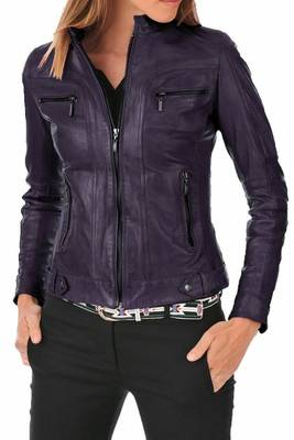 Women's deep purple lambskin leather biker jacket slim fit 1