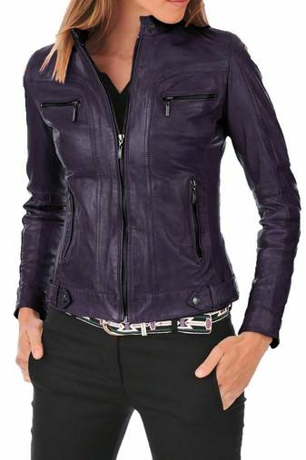 Women's deep purple lambskin leather biker jacket slim fit