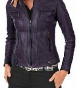 Women's deep purple lambskin leather biker jacket slim fit