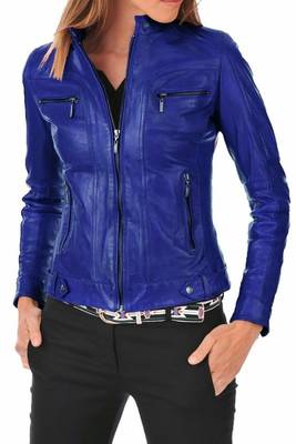 Women's lambskin royal blue leather cafe racer jacket 1