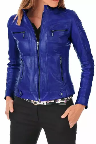 Women's lambskin royal blue leather cafe racer jacket