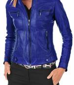 Women's lambskin royal blue leather cafe racer jacket