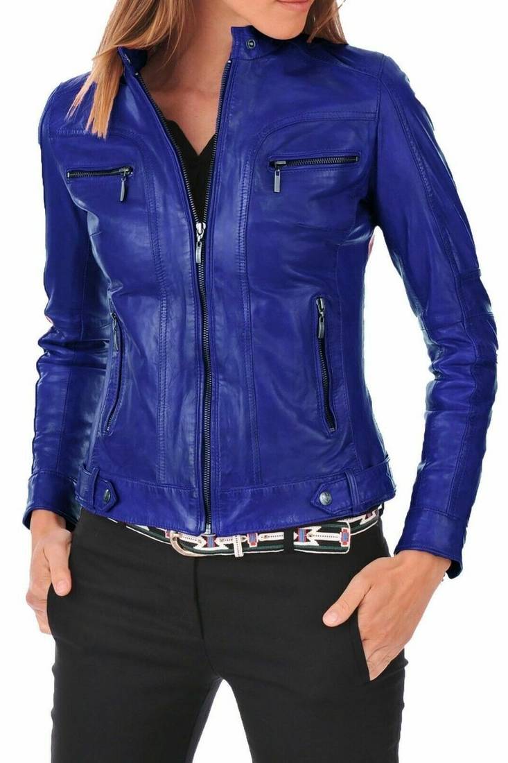 Women's lambskin royal blue leather cafe racer jacket