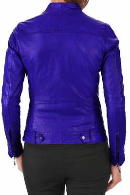 Women's lambskin royal blue leather cafe racer jacket 2