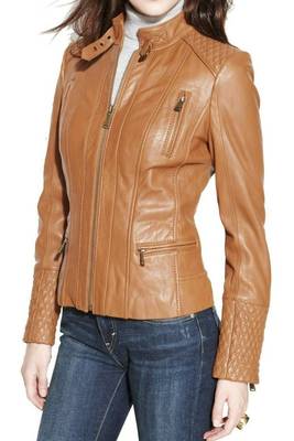 Women's tan quilted leather biker jacket buckle collar 1