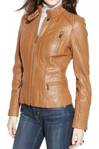 Women's tan quilted leather biker jacket buckle collar