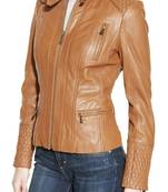 Women's tan quilted leather biker jacket buckle collar