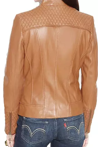 Women's tan quilted leather biker jacket buckle collar
