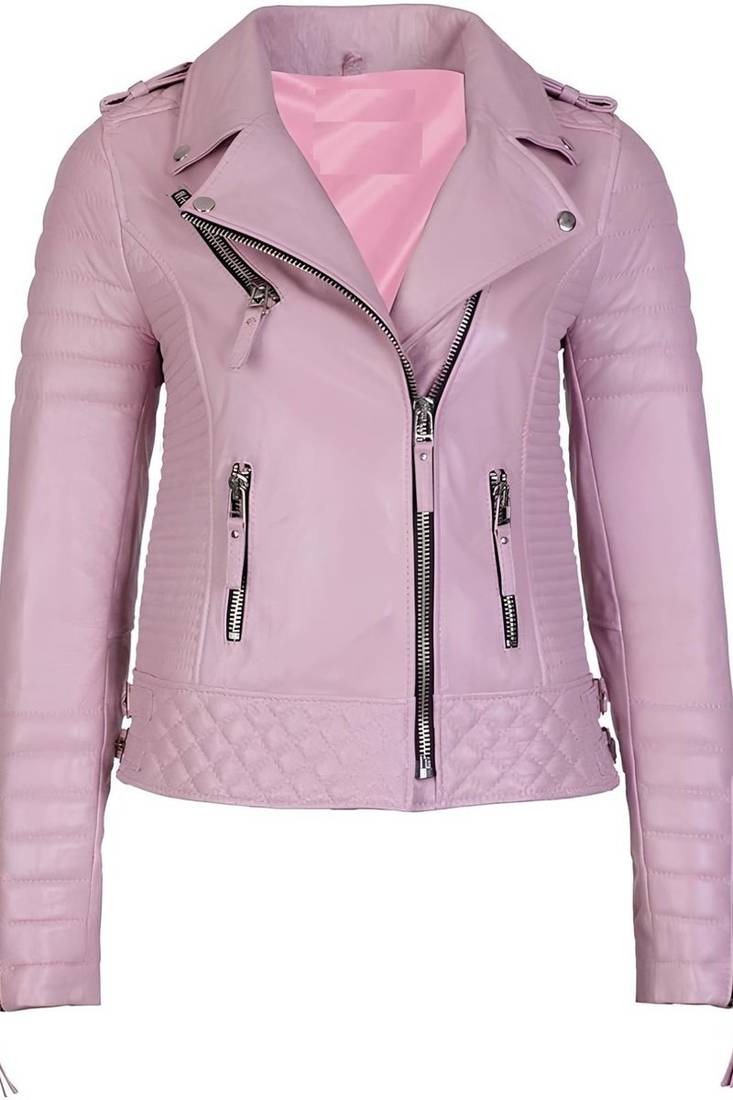 Women's blush pink genuine leather biker moto jacket