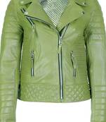 Women's olive green leather moto biker jacket real lambskin leather