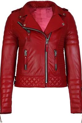 Women's red lambskin leather asymmetrical biker jacket 1