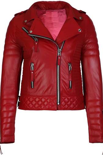 Women's red lambskin leather asymmetrical biker jacket