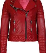 Women's red lambskin leather asymmetrical biker jacket