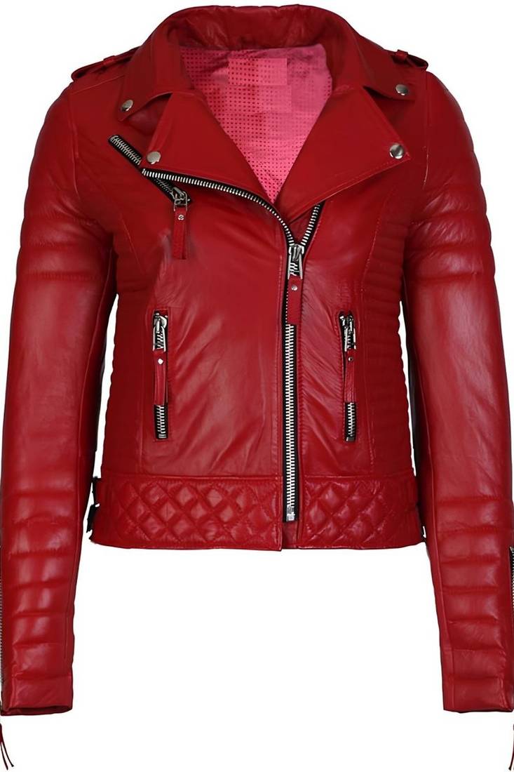 Women's red lambskin leather asymmetrical biker jacket