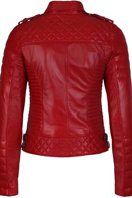 Women's red lambskin leather asymmetrical biker jacket 2