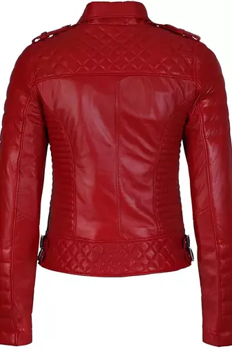 Women's red lambskin leather asymmetrical biker jacket