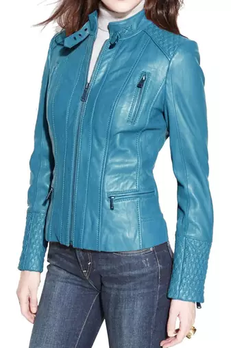 Women's sky blue quilted lambskin leather jacket slim fit