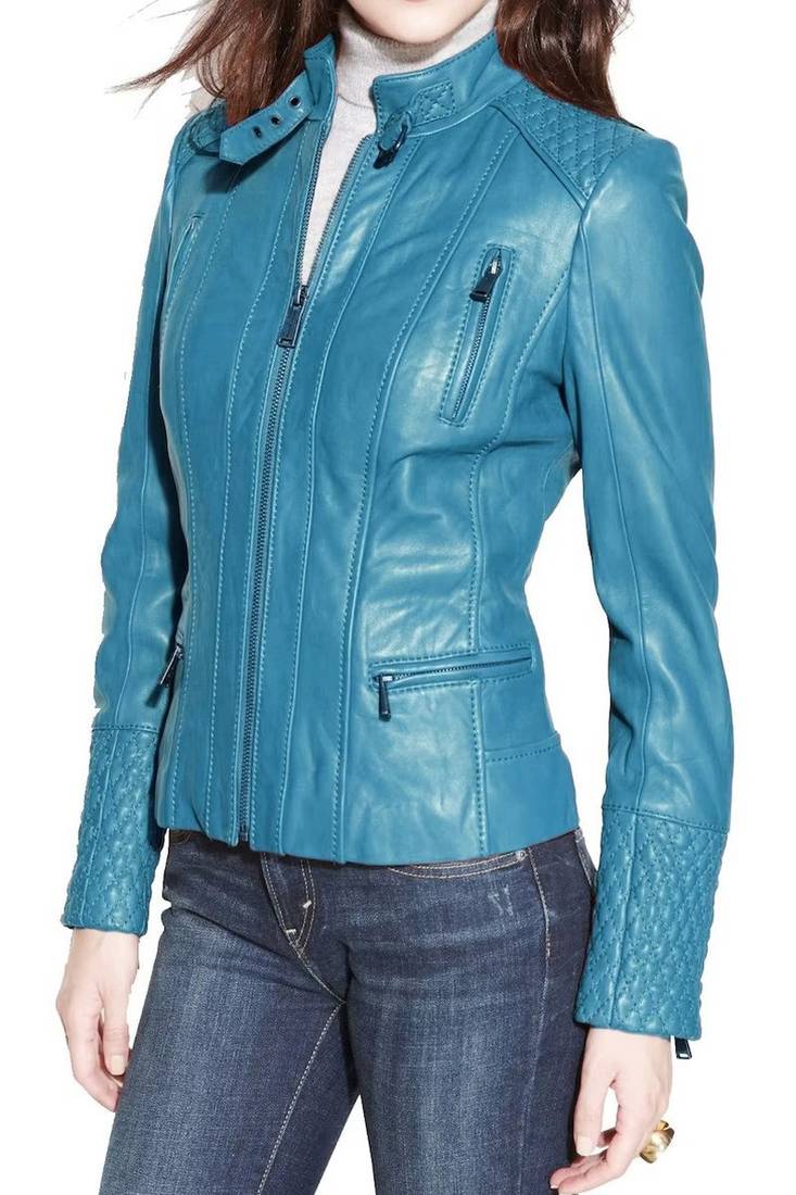 Women's sky blue quilted lambskin leather jacket slim fit